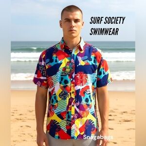 Surf Society Swimwear NWT Men’s XL Button Up Short Sleeve Shirt Bright Fun Print